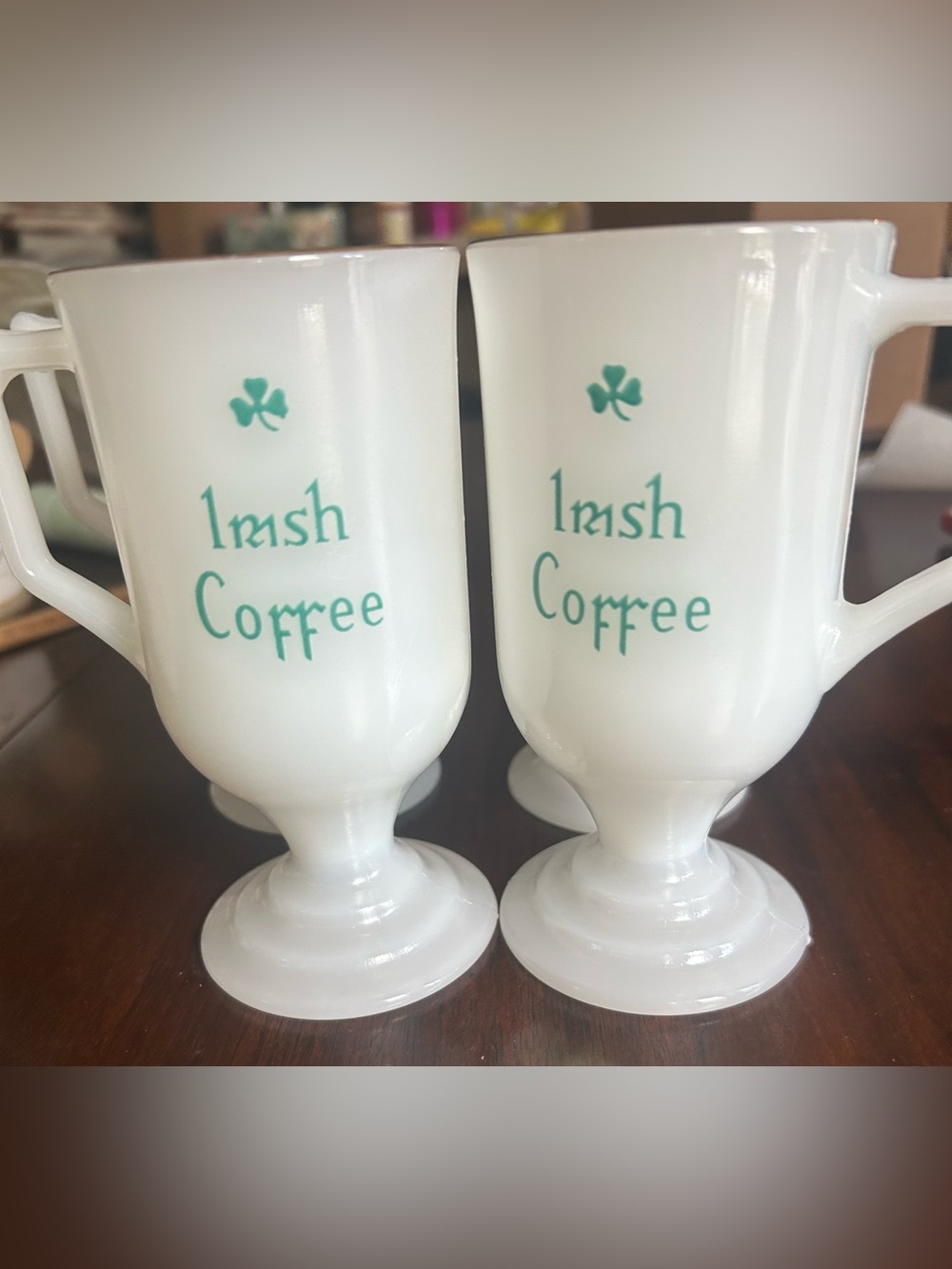 Irish Coffee Glass Mug Set 4- White with Green Print